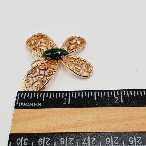 Vintage Gold Filled Butterfly Brooch Green Gemstone Center 1-20 14K GF - Picture 6 of 7